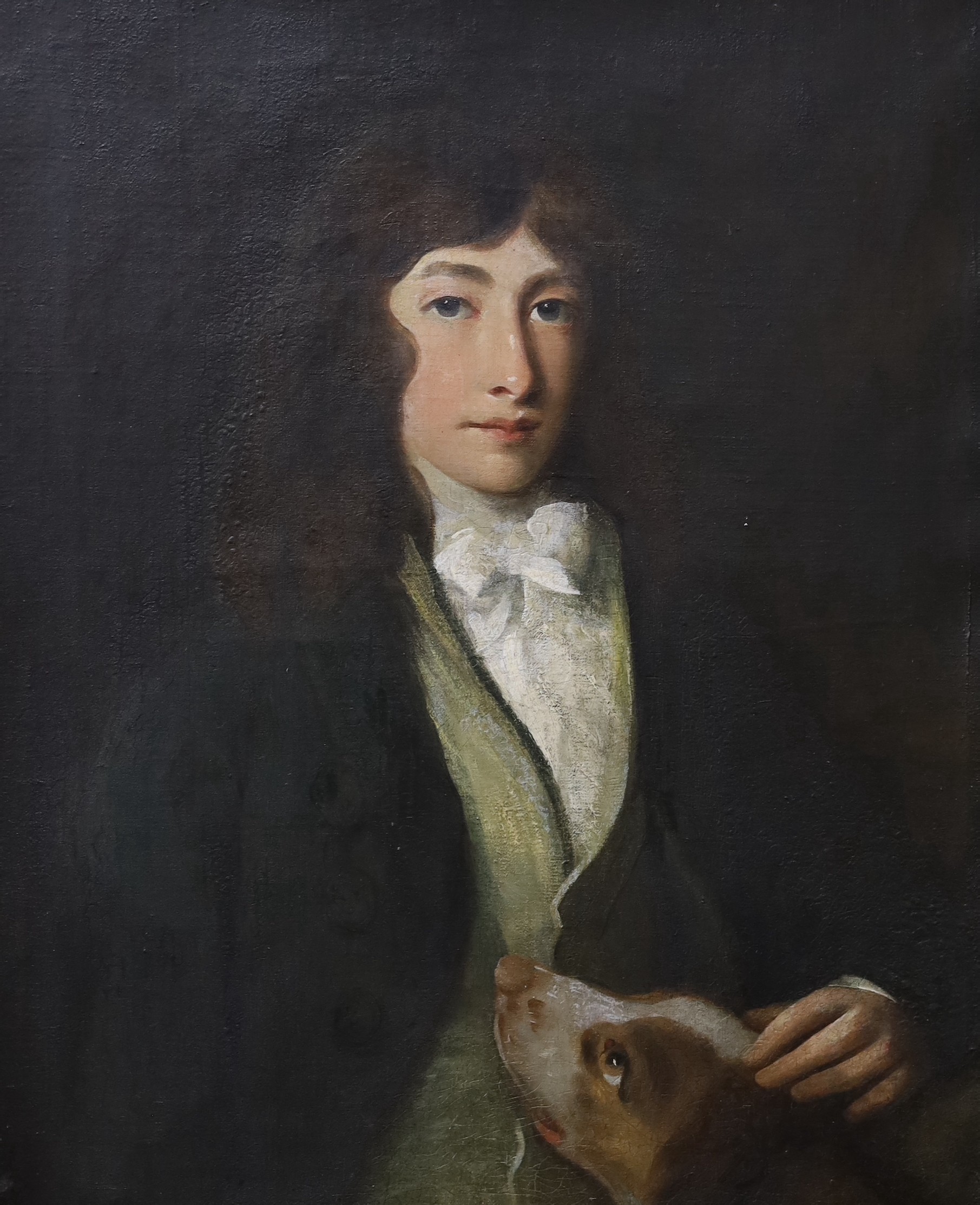 Early 19th century English School, oil on canvas, Portrait of a young man, half length, with a hound, 75 x 63cm